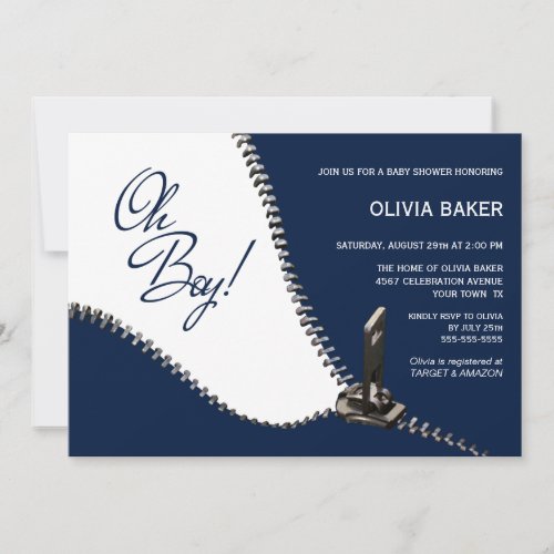Oh Boy Navy Blue with Silver Zipper Baby Shower Invitation