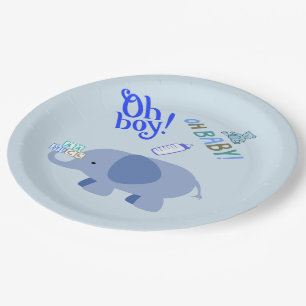 Oh Boy! Oh Baby! Blue Elephant Baby Shower Paper Plates
