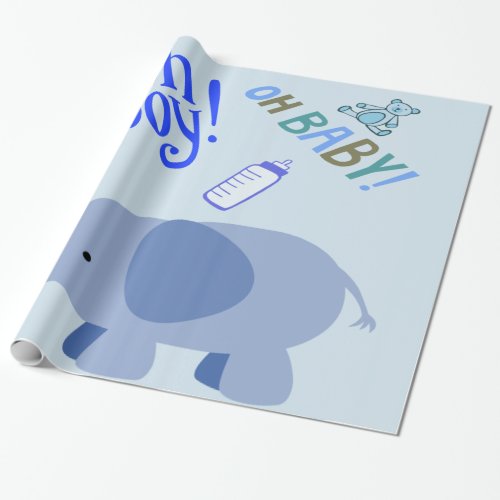 Oh Boy Oh Baby Blue Elephant Baby Shower Wrapping Paper