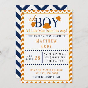 Oh Boy Orange and Blue Baby Shower Invitation