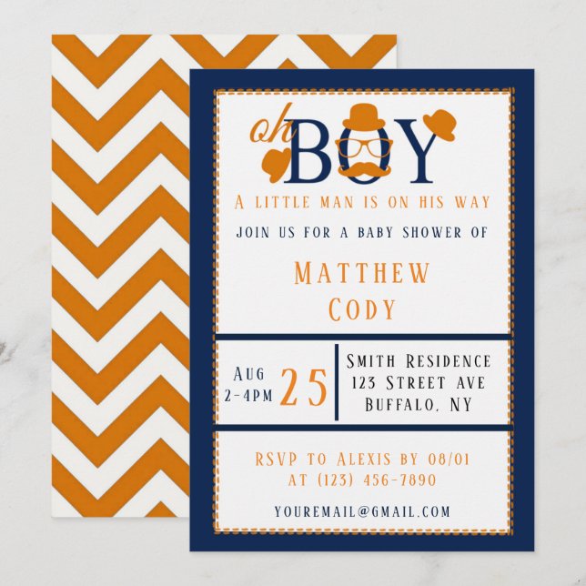 Oh Boy Orange and Blue Baby Shower  Invitation (Front/Back)