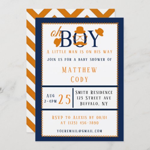 Oh Boy Orange and Blue Baby Shower  Invitation