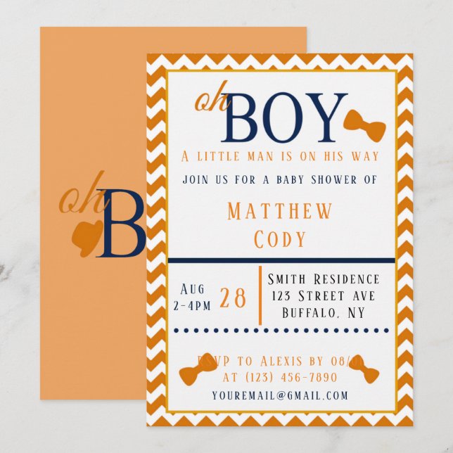 Oh Boy Orange and Blue Baby Shower  Invitation (Front/Back)