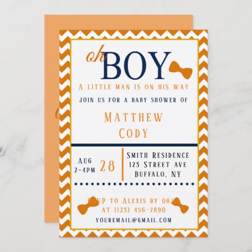 Oh Boy Orange and Blue Baby Shower  Invitation