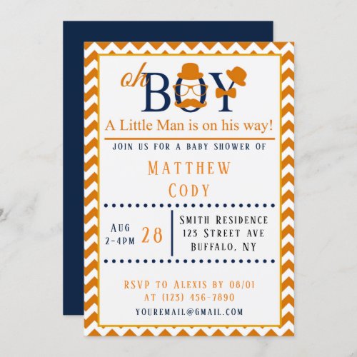 Oh Boy Orange and Blue Baby Shower  Invitation