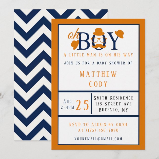 Oh Boy Orange and Blue Baby Shower  Invitation (Front/Back)
