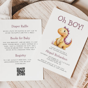 Oh Boy Orange Purple Dinosaur QR Code Baby Shower Invitation