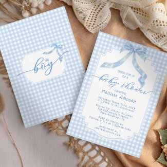 Oh Boy Pale Blue Gingham Plaid Baby Shower Invitation