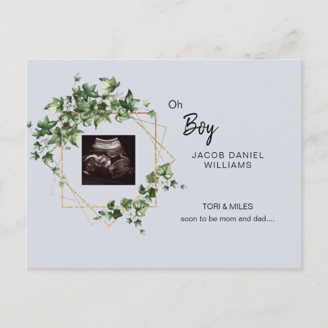 Oh Boy Pale Blue Ultrasound Photo  Announcement Po Postcard (Front)