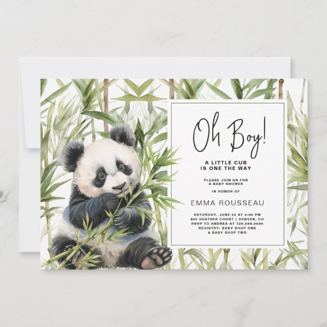 Oh Boy Panda Bear Bamboo Boy Baby Shower Invitation (Front)