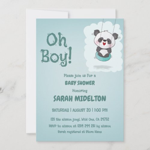 oh boy panda blue baby shower  invitation