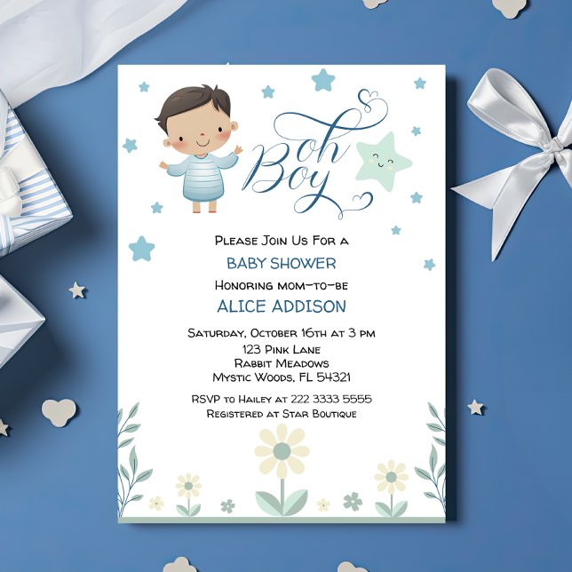 Oh Boy Pastel Green& Blue Stars& Flowers Cute Invitation (Creator Uploaded)