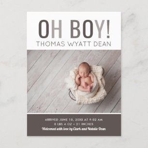 Oh Boy Photo Birth Announcement Postcard
