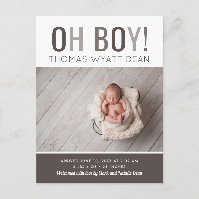 Oh Boy Photo Birth Announcement Postcard (Front)