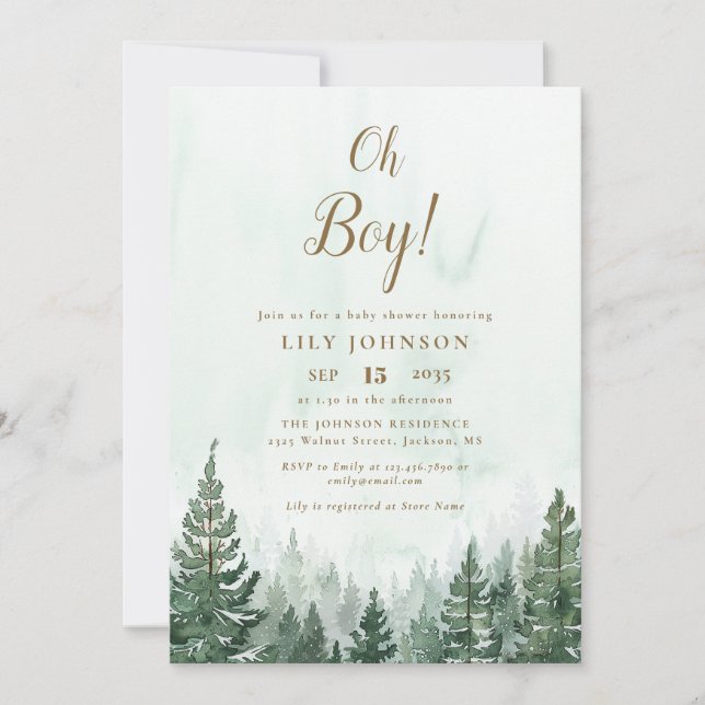 Oh Boy Pine Tree Forest All In One QR Baby Shower Invitation (Front)