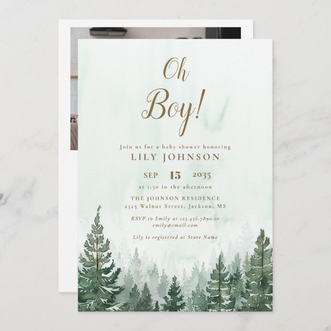Oh Boy Pine Tree Forest Baby Shower Photo QR Code Invitation (Front/Back)
