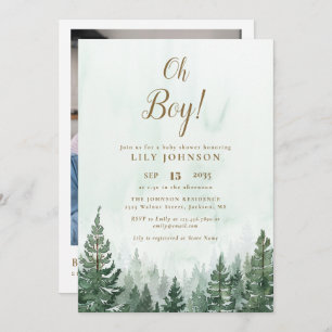 Oh Boy Pine Tree Forest Baby Shower Photo QR Code Invitation