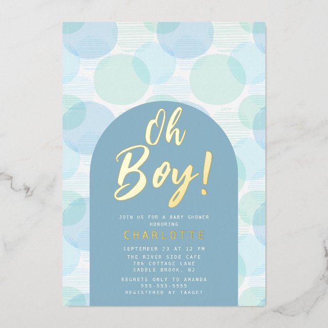 Oh Boy Polka Dots Baby Shower Foil Invitation (Front)
