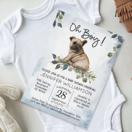 Oh Boy Pug Puppy Modern Watercolor Baby Shower Invitation