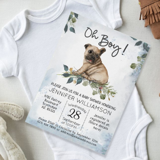 Oh Boy! Pug Puppy Modern Watercolor Baby Shower Invitation (Oh Boy! Cute Modern Watercolor Pug Puppy baby Shower Invitation)
