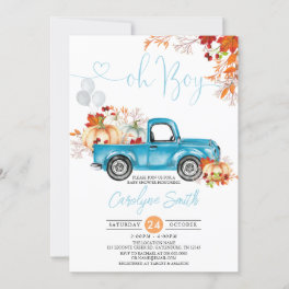 Oh Boy Pumpkin Blue Truck Fall Baby Shower Invitation