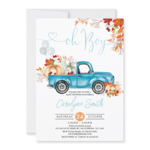 Oh Boy Pumpkin Blue Truck Fall Baby Shower Invitation