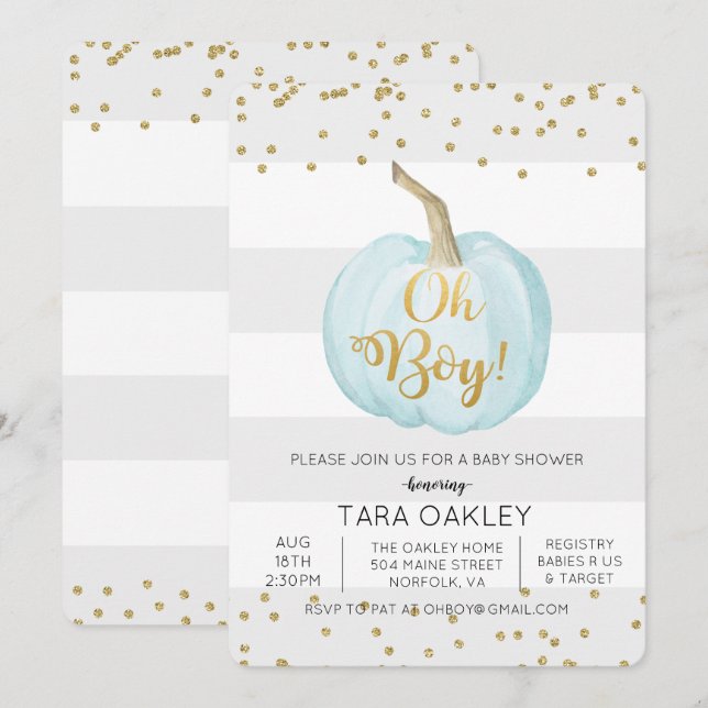 Oh Boy Pumpkin Glitter Baby Shower Invitation (Front/Back)