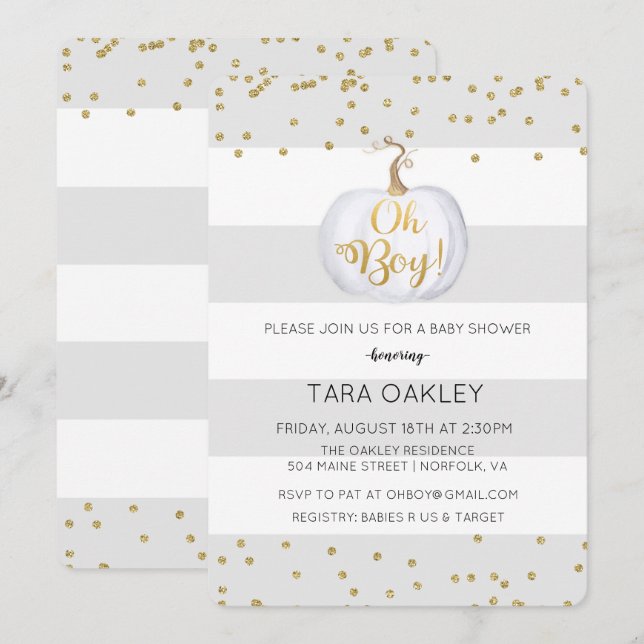 Oh Boy Pumpkin Glitter Baby Shower Invitation (Front/Back)