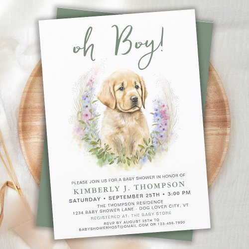 Oh Boy Puppy Dog Modern Sage Green Baby Shower Invitation