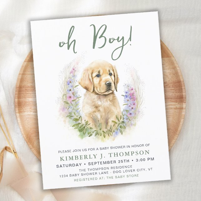 Oh Boy Puppy Dog Modern Sage Green Baby Shower Invitation Postcard (Creator Uploaded)