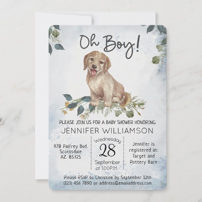 Oh Boy! Puppy Modern Watercolor Baby Shower Invitation (Front)
