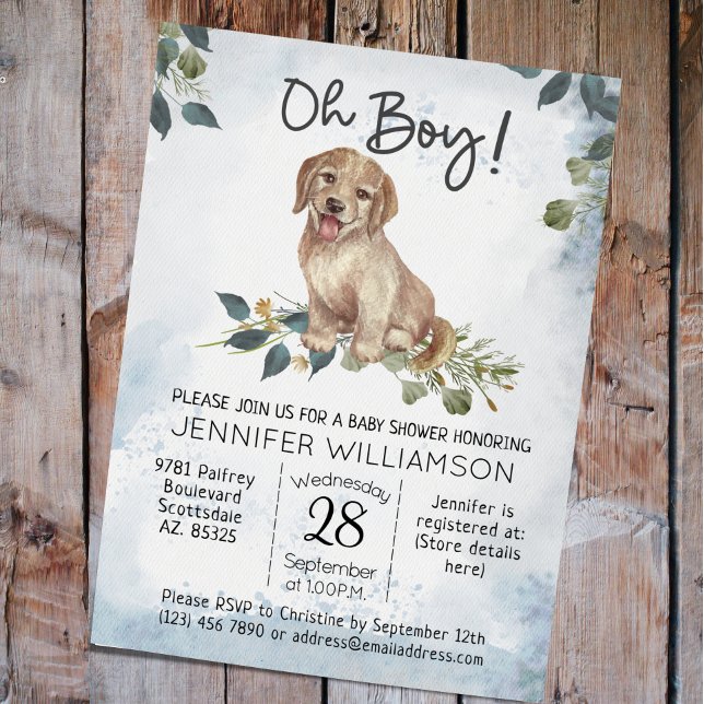 Oh Boy! Puppy Modern Watercolor Baby Shower Invitation