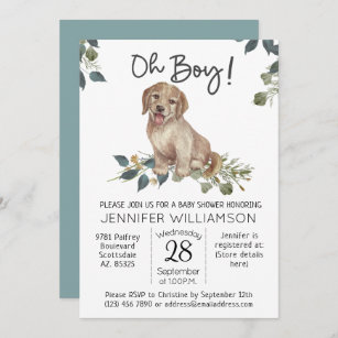 Oh Boy! Puppy Modern Watercolor Dog Baby Shower Invitation
