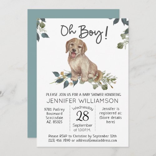 Oh Boy Puppy Modern Watercolor Dog Baby Shower Invitation