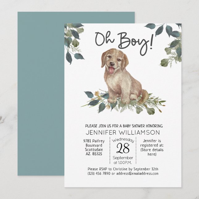 Oh Boy! Puppy Modern Watercolor Dog Baby Shower Invitation (Front/Back)