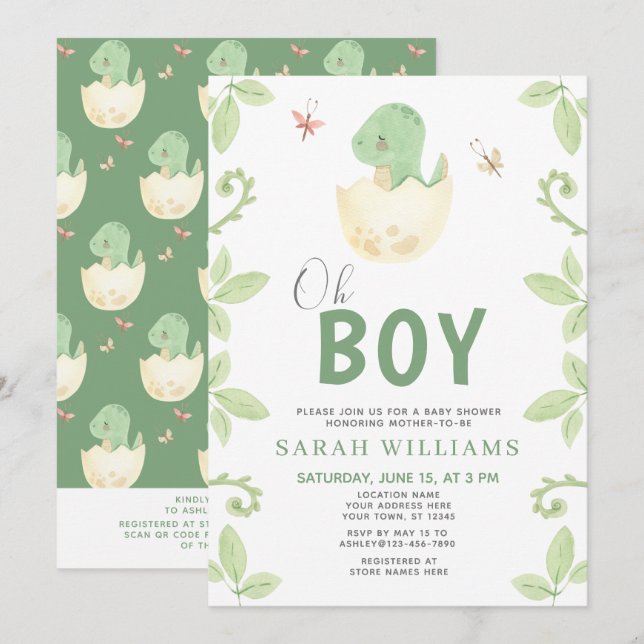Oh Boy QR Code Cute Green Dinosaur Baby Shower Invitation (Front/Back)