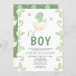 Oh Boy QR Code Cute Green Dinosaur Baby Shower Invitation