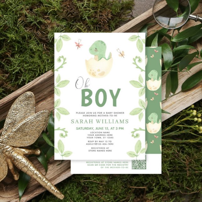 Oh Boy QR Code Cute Green Dinosaur Baby Shower Invitation (Creator Uploaded)