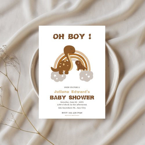 OH BOY Rainbow Dinosaur Little Baby Boy Shower Invitation