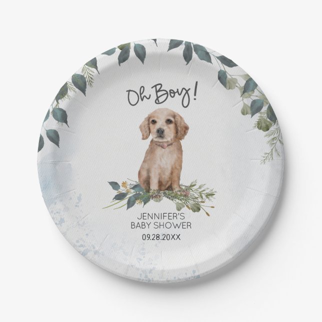 Oh Boy! Retriever Puppy Dog Custom Baby Shower Paper Plates (Front)