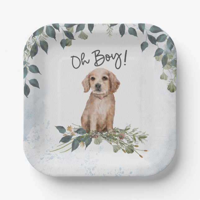 Oh Boy! Retriever Puppy Watercolor Baby Shower Paper Plates (Front)