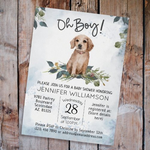 Oh Boy Retriever Puppy Watercolor Dog Baby Shower Invitation