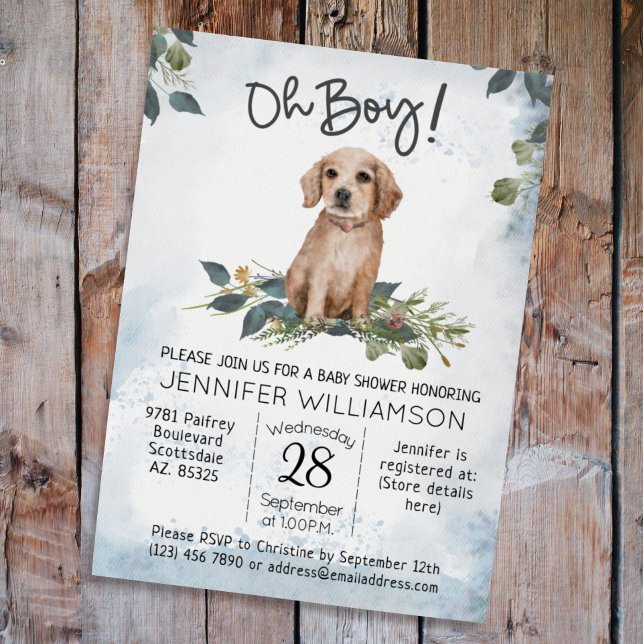 Oh Boy! Retriever Puppy Watercolor Dog Baby Shower Invitation