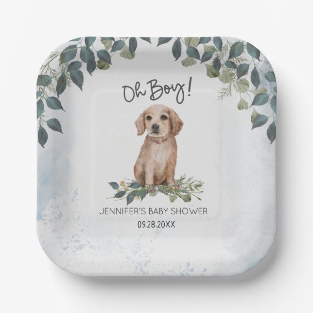 Oh Boy! Retriever Watercolor Dog Custom Paper Plates (Front)