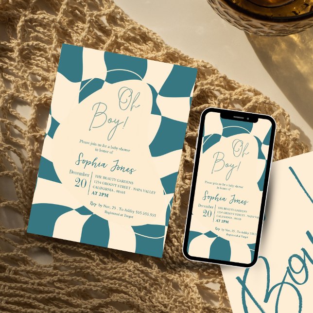 Oh Boy! Retro Checkered | Gingham | baby shower Invitation (Creator Uploaded)