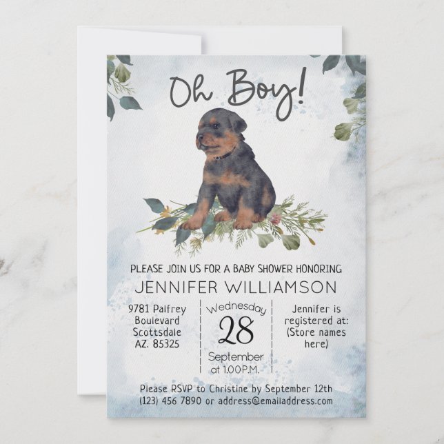 Oh Boy! Rottweiler Pup Watercolor Baby Shower  Invitation (Front)
