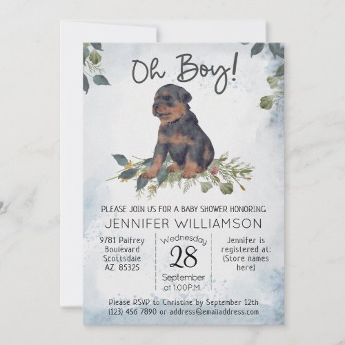 Oh Boy Rottweiler Pup Watercolor Baby Shower  Invitation