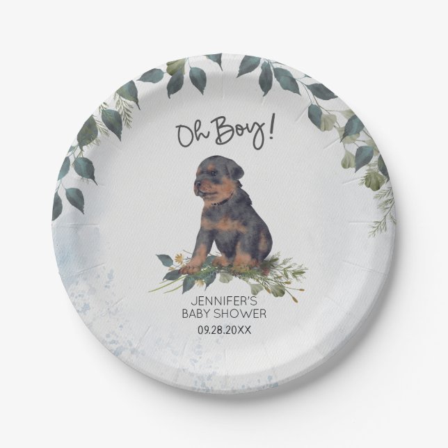 Oh Boy! Rottweiler Puppy Dog Custom Baby Shower Paper Plates (Front)