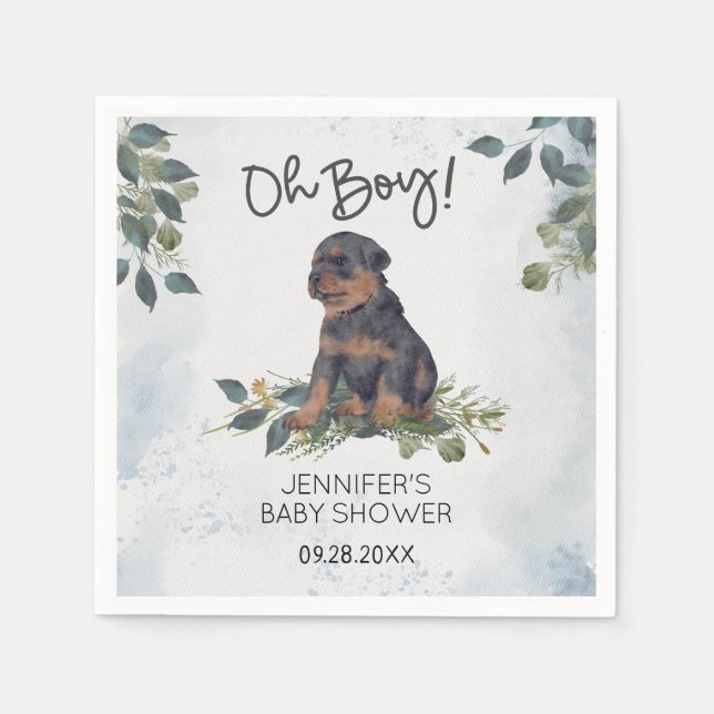 Oh Boy! Rottweiler Puppy Watercolor Baby Shower Napkins (Front)
