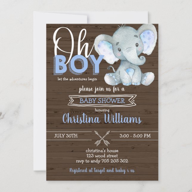 Oh Boy Rustic Elephant Baby Boy Wood Baby Shower Invitation (Front)